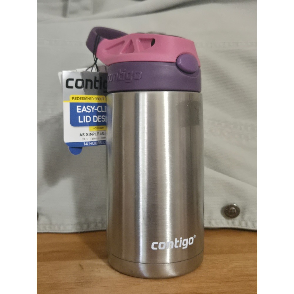 Contigo Kids Stainless Steel Water Bottle 13oz Pink Purple Easy Clean Lid Straw